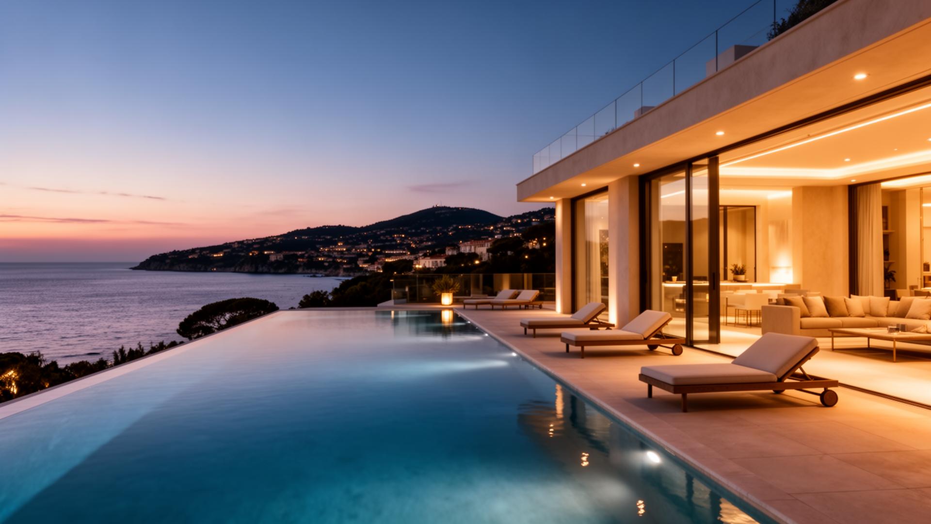 Villa d'exception avec piscine à débordement vue mer au crépuscule